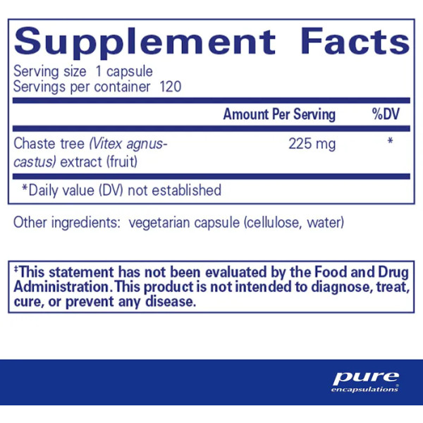 Вітекс священний, Chaste Tree (Vitex), Pure Encapsulations, для підтримки здорової тривалості менструального циклу і його протікання, репродуктивної функції і комфорту грудей, 120 капсул