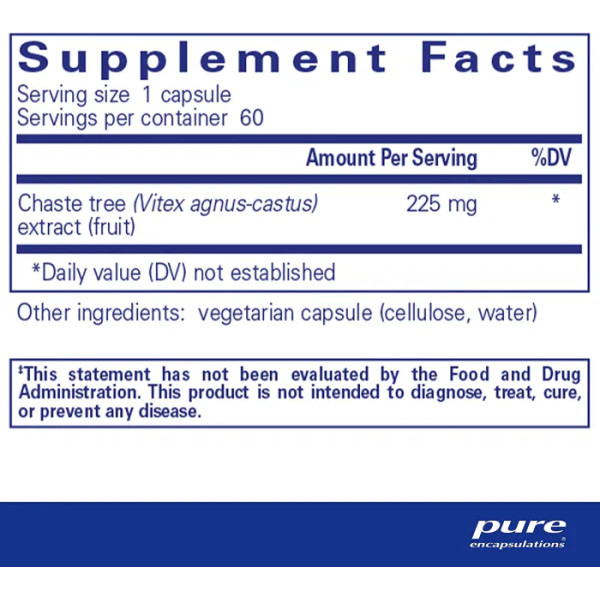 Вітекс священний, Chaste Tree (Vitex), Pure Encapsulations, для підтримки здорової тривалості менструального циклу і його протікання, репродуктивної функції і комфорту грудей, 60 капсул