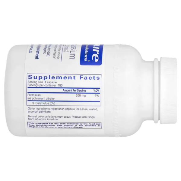 Калій (цитрат), Potassium (citrate), Pure Encapsulations, для підтримки функцій нервів та м'язів, надниркових залоз, гормонів, здоров'я серця та енергії, 200 мг, 180 капсул