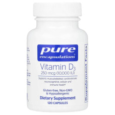 Витамин D3 250 мкг (10000 МЕ), Vitamin D3 Pure Encapsulations, 120 капсул