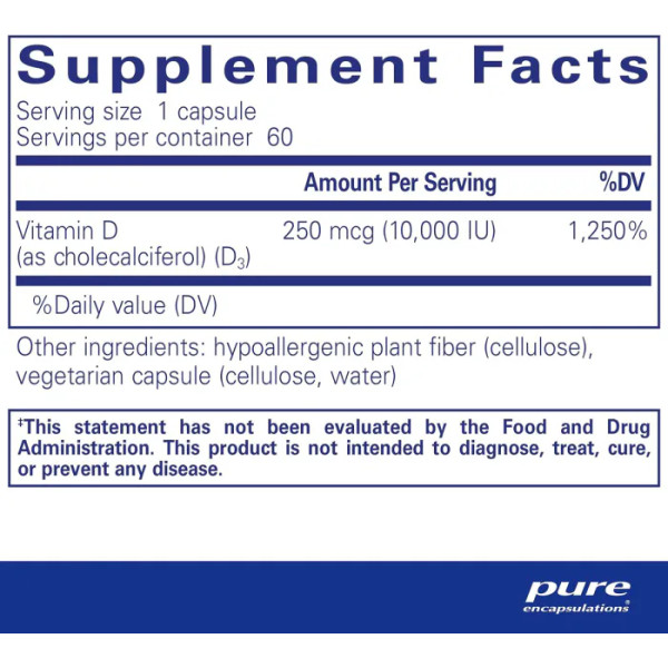 Витамин D3, Vitamin D3, Pure Encapsulations, для поддержки здоровья костей, суставов, груди, простаты, сердца, толстой кишки и иммунитета, 10,000 МЕ, 60 капсул