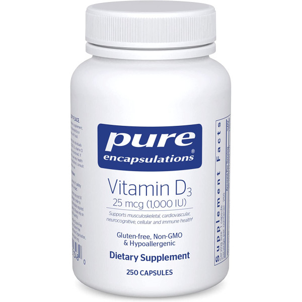 Вітамін D3, Vitamin D3, Pure Encapsulations, для підтримки здоров'я кісток, суглобів, грудей, простати, серця, товстої кишки та імунітету, 25 мкг (1,000 МО), 250 капсул