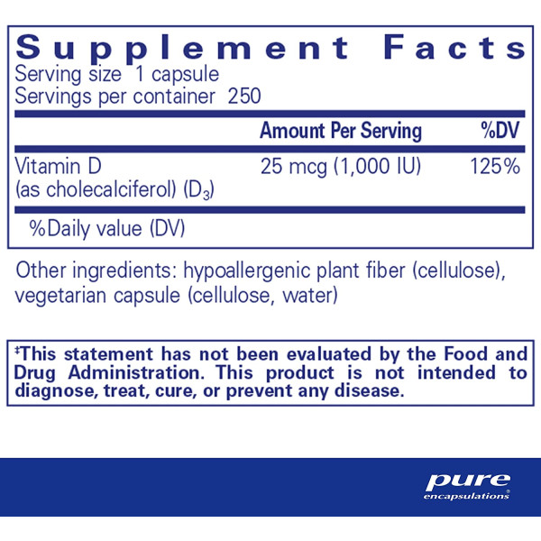 Вітамін D3, Vitamin D3, Pure Encapsulations, для підтримки здоров'я кісток, суглобів, грудей, простати, серця, товстої кишки та імунітету, 25 мкг (1,000 МО), 250 капсул