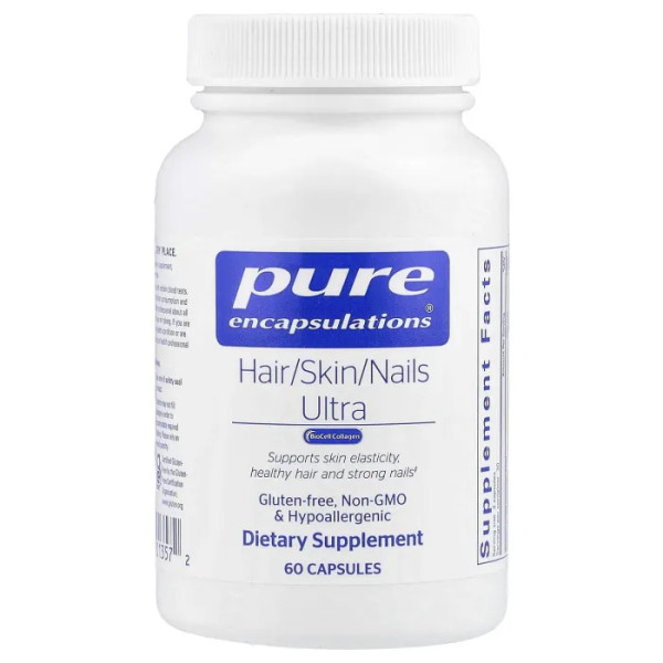 Вітаміни для волосся, шкіри та нігтів, Hair\/Skin\/Nails Ultra, Pure Encapsulations, для колагену, проти старіння, кератину, антиоксидантів, зволоження шкіри, здоров'я, волосся та нігтів, 60 капсул