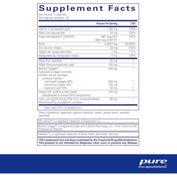 Вітаміни для волосся, шкіри та нігтів, Hair\/Skin\/Nails Ultra, Pure Encapsulations, для колагену, проти старіння, кератину, антиоксидантів, зволоження шкіри, здоров'я, волосся та нігтів, 60 капсул