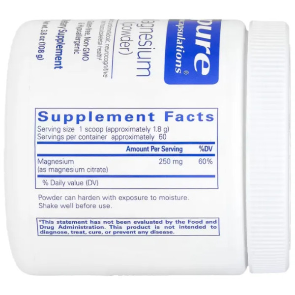 Магній (порошок), Magnesium (powder), Pure Encapsulations, підтримує серцево-судинну функцію, м'язову функцію та заспокоює, 108 гр.