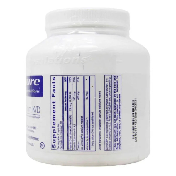 Кальцій з вітамінами K та D, Calcium K\/D, Pure Encapsulations, для зміцнення кісток, імунної системи, товстої кишки та серцево-судинної системи, 180 капсул