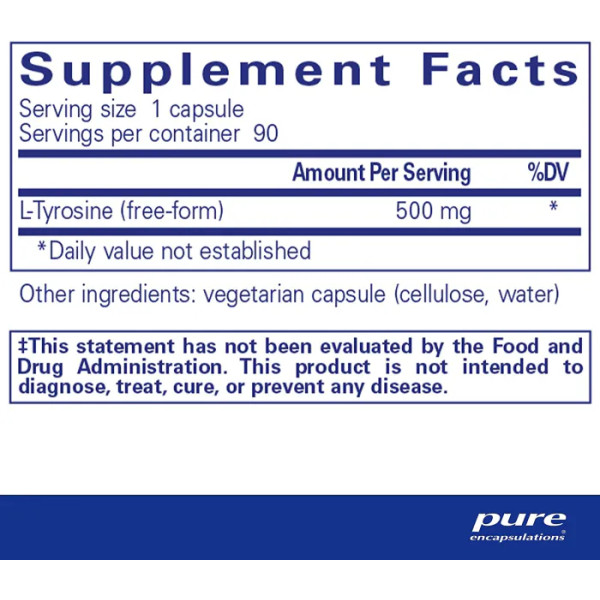 L-Тирозин, l-Tyrosine, Pure Encapsulations, для сну, підтримка щитовидної залози, когнітивного здоров\