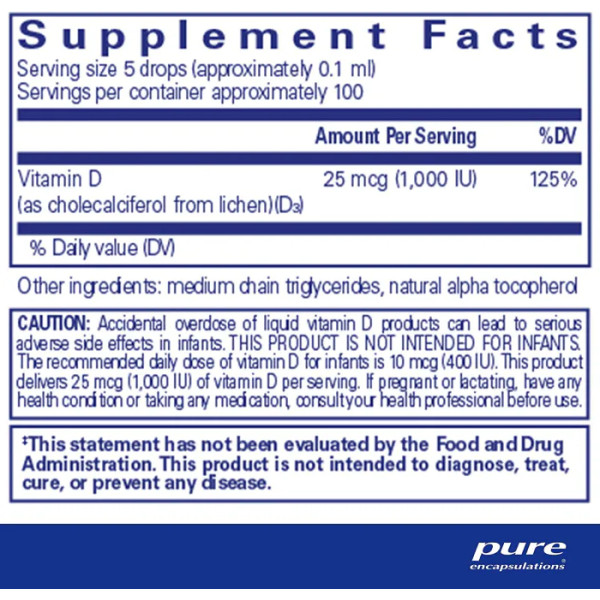 Витамин D3 жидкость (Веганская), Vitamin D3, Pure Encapsulations, поддержка для здоровья костей, груди, простаты, сердечно-сосудистой системы, толстой кишки и иммунитета, 10 мл