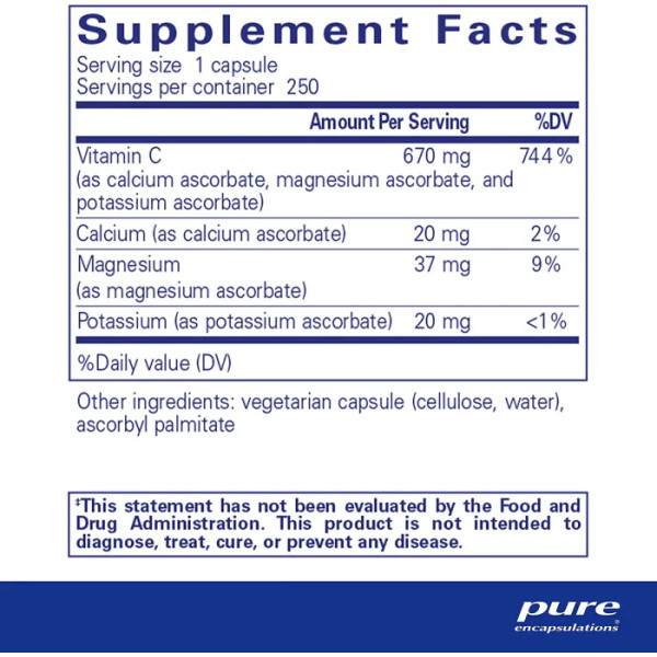 Буферизована Аскорбінова Кислота, Buffered Ascorbic Acid, Pure Encapsulations, 250 капсул