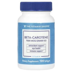 Бета каротин 7500 мкг 25000 МЕ, The Vitamin Shoppe Beta-Carotene, 100 гелевых капсул