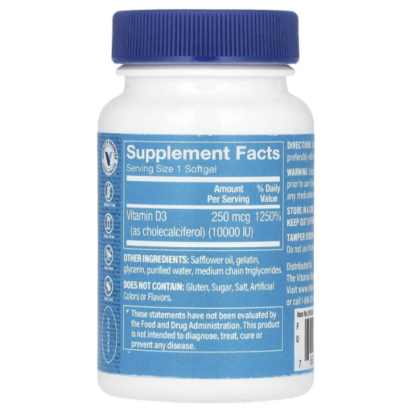 Вітамін D3, Vitamin D3, The Vitamin Shoppe, 250 мкг (10 000 МО), 100 гелевих капсул