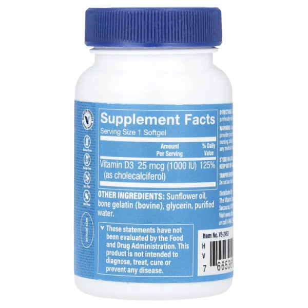 Вітамін D3, Vitamin D3, The Vitamin Shoppe, 25 мкг (1000 МО), 100 гелевих капсул