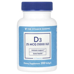 Витамин D3 25 мкг (1000 МЕ), Vitamin D3 The Vitamin Shoppe, 200 гелевых капсул