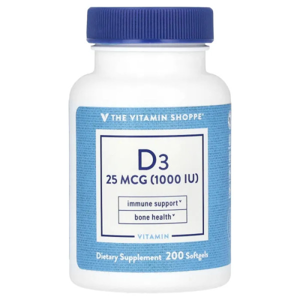Вітамін D3, Vitamin D3, The Vitamin Shoppe, 25 мкг (1000 МО), 200 гелевих капсул