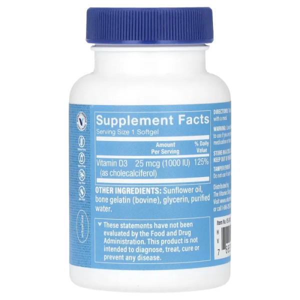 Вітамін D3, Vitamin D3, The Vitamin Shoppe, 25 мкг (1000 МО), 200 гелевих капсул