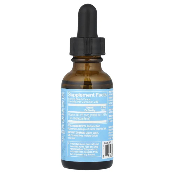 Вітамін D3, Liquid Vitamin D3, The Vitamin Shoppe, зі смаком цитрусу, 25 мкг (1000 МО), 30 мл