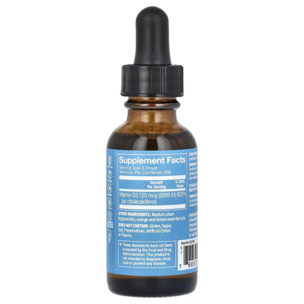 Вітамін D3, Liquid Vitamin D3, The Vitamin Shoppe, зі смаком цитрусу, 125 мкг (5000 МО), 30 мл