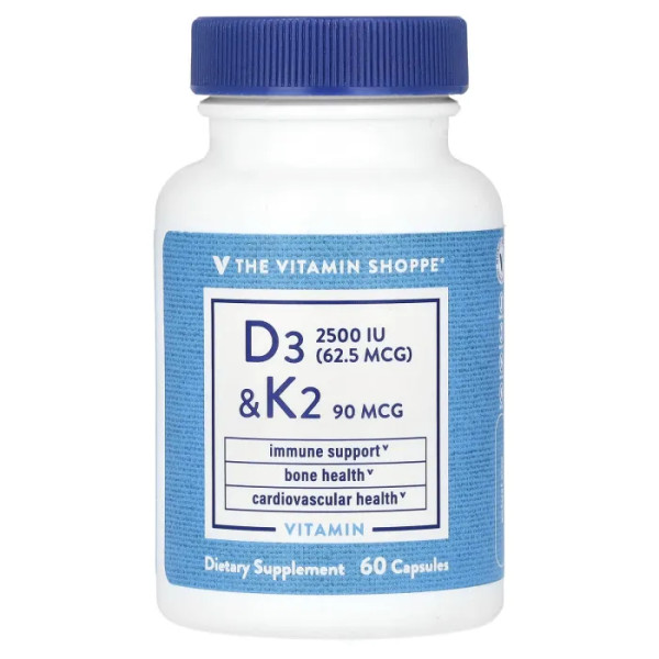 Вітаміни D3 та К2, Vitamin D3 & K2, The Vitamin Shoppe, 2500 МО, 60 капсул
