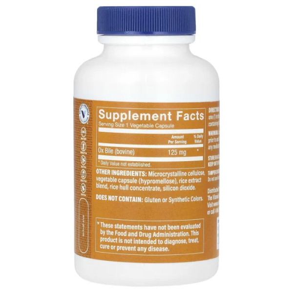 Бичача жовч, Ox Bile, The Vitamin Shoppe, 100 рослинних капсул (125 мг на капсулу)