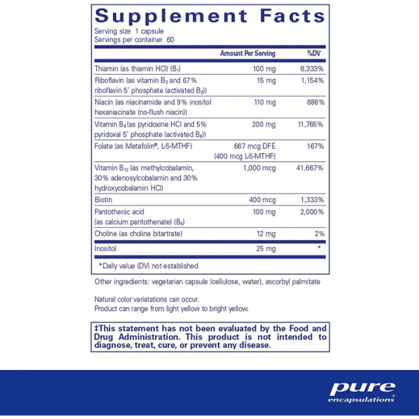 Витамин B6 (комплекс витаминов В), B6 Complex, Pure Encapsulations, для поддержки клеточного, сердечно-сосудистого, неврологического и психологического здоровья, 60 капсул