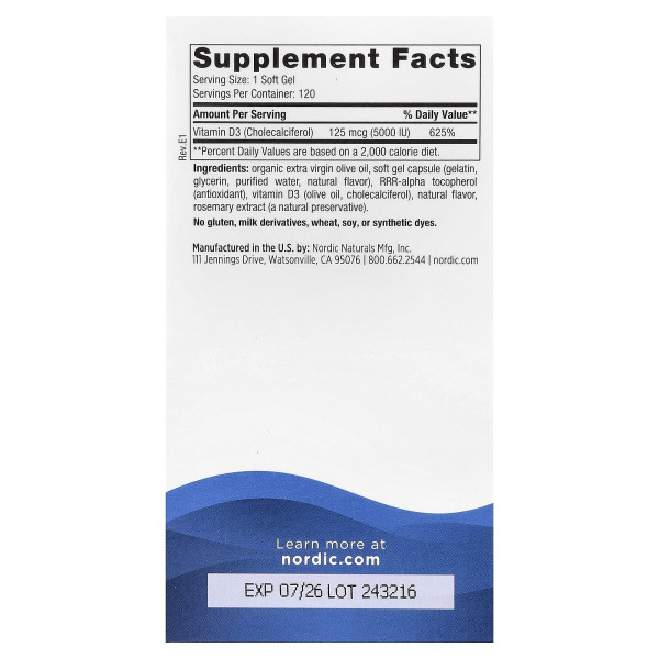 Вітамін D3, Vitamin D3, Nordic Naturals, апельсин, 125 мкг (5000 МО), 120 міні гелевих капсул