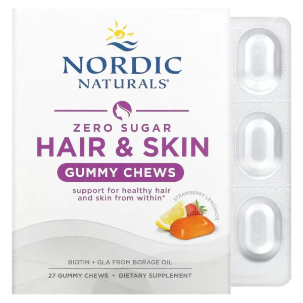 Формула для волосся та шкіри, Zero Sugar Hair & Skin Gummy Chews, Nordic Naturals, зі смаком полуничного лимонаду, без цукру, 27 жувальних цукерок