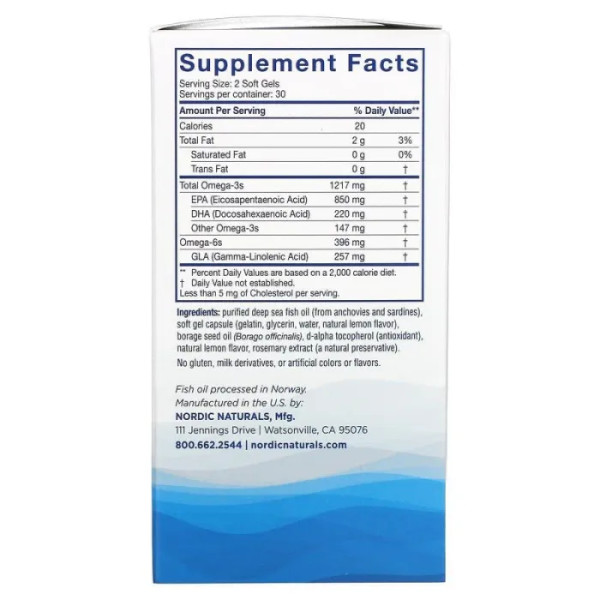 Омега-3 + олія огірника, Nordic Beauty, Omega-3 + Borage Oil, Nordic Naturals, 60 гелевих капсул