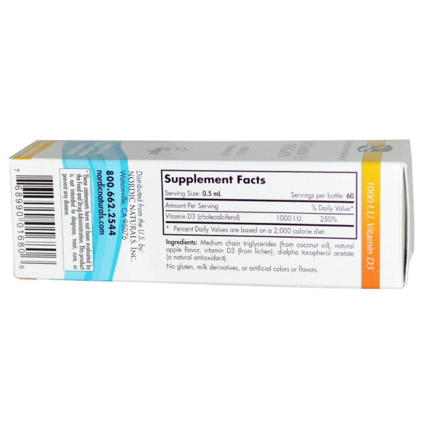 Вітамін D3 (яблуко), Vitamin D3, Nordic Naturals, веган, 1000 МО, 30 мл.