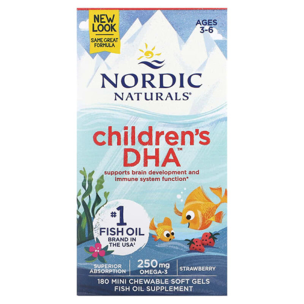 Риб'ячий жир для дітей, Children's DHA, Nordic Naturals, вік 3-6 років, полуниця, 180 міні-жувальних м'яких гелів