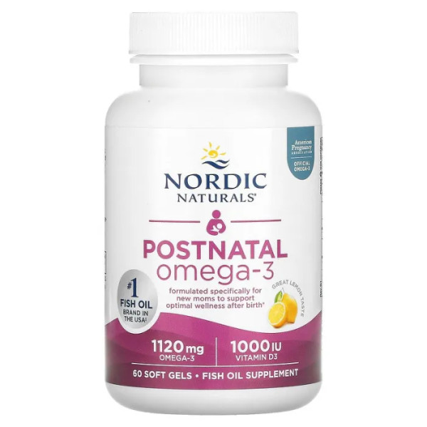 Риб'ячий жир для вагітних, Postnatal Omega-3, Nordic Naturals, лимон, 650 мг, 60 капсул