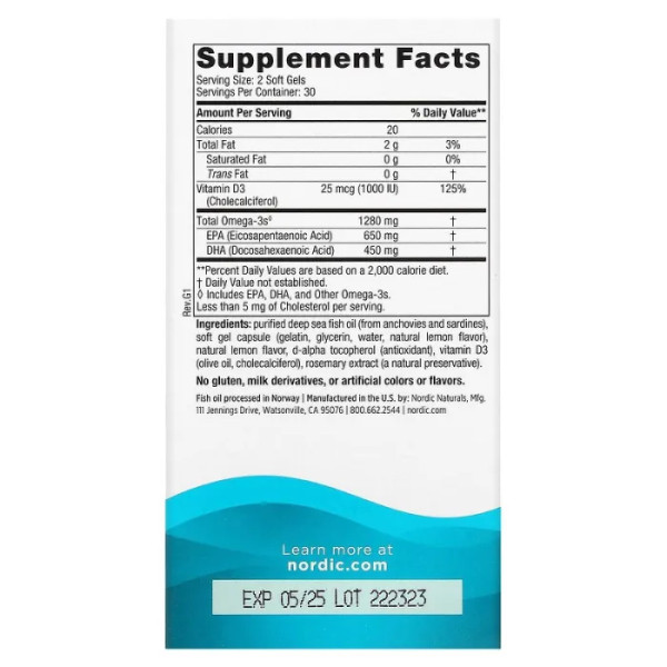 Риб'ячий жир омега D3, Ultimate Omega-D3, Nordic Naturals, лимон, 1000 мг, 60 гелевих капсул