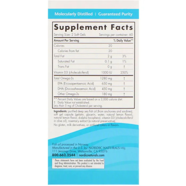 Риб'ячий жир омега-D3 (лимон), Ultimate Omega-D3, Nordic Naturals, 1000 мг, 120 гелевих капсул