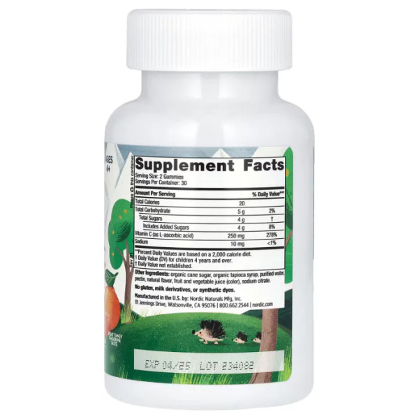 Вітамін С жувальний, Kids Vitamin C Gummies, Nordic Naturals, для дітей від 4 років, зі смаком мандарину, 250 мг, 60 жувальних цукерок (125 на одну цукерку)