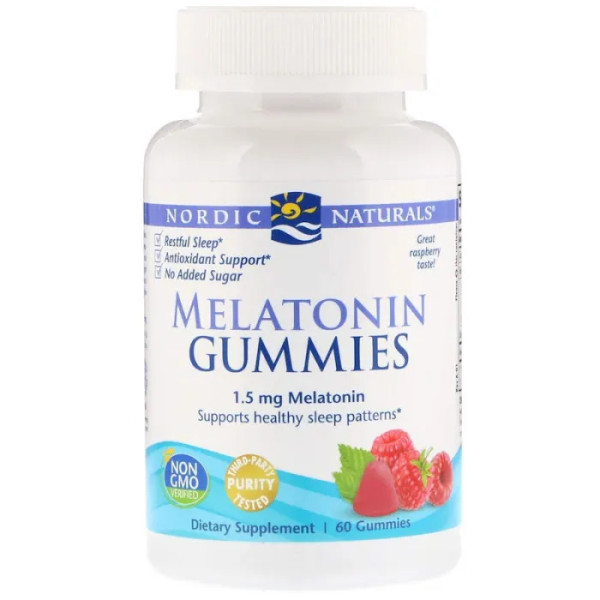 Мелатонин, вкус малины, Melatonin Gummies, Nordic Naturals, 1,5 мг, 60 жевательных конфет