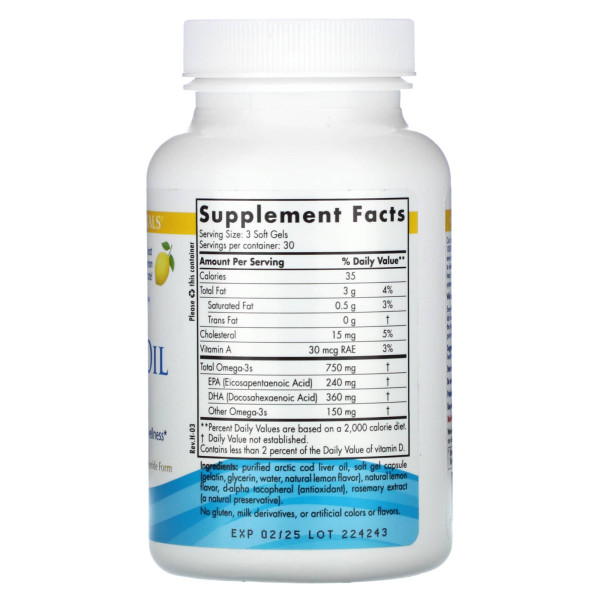 Риб'ячий жир з печінки тріски, Cod Liver Oil, Nordic Naturals, лимон, арктичний, 1000 мг, 90 капсул