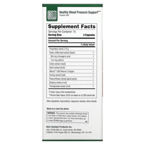 Підтримка кров'яного тиску, Healthy Blood Pressure Support, Bell Lifestyle, 60 рослинних капсул
