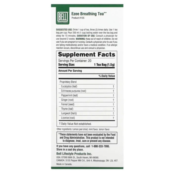 Здоров'я дихальної системи, Ezee Breathing Tea, Bell Lifestyle, заспокійлива трав'яна суміш, чай, 20 чайних пакетиків по 1,5 г