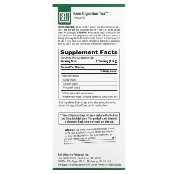 Здоров'я травної системи, Ezee Digestion Tea, Bell Lifestyle, чай, 30 чайних пакетиків (45 г)