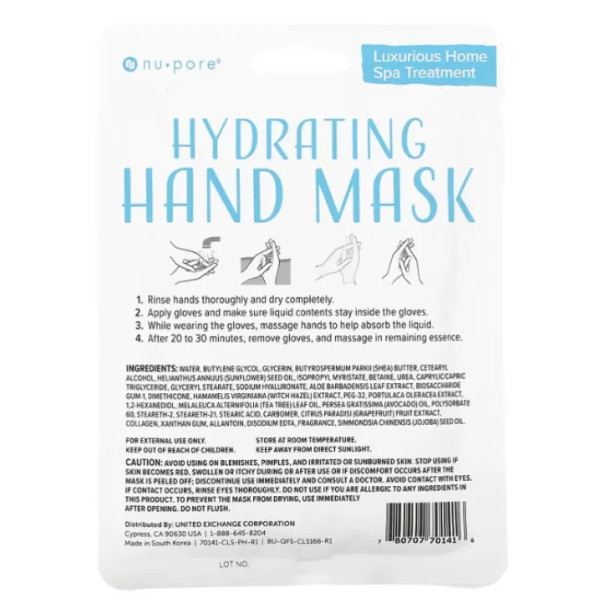Маска для рук, зволожуюча, Hydrating Hand Mask, Nu-Pore, 1 шт