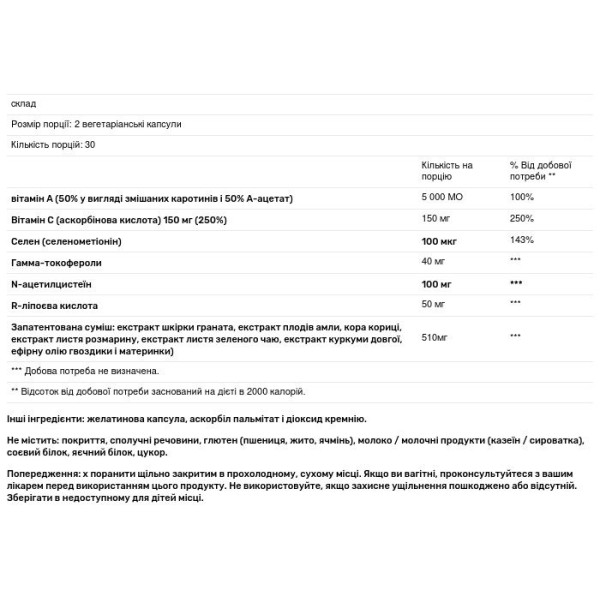 Антиоксидантна підтримка, Anti-Oxidant 2.0, Vital Nutrients, 60 вегетаріанських капсул