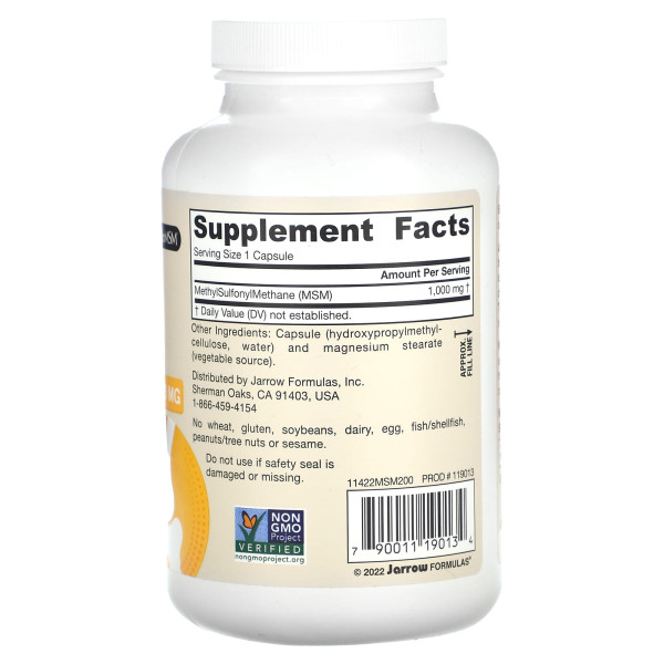 Метилсульфонілметан, MSM, Jarrow Formulas, 1000 мг, 200 вегетаріанських капсул