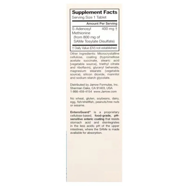 S-Аденозилметионин, Natural SAM-e, Jarrow Formulas, 400 мг, 30 таблеток, покрытых кишечнорастворимой оболочкой
