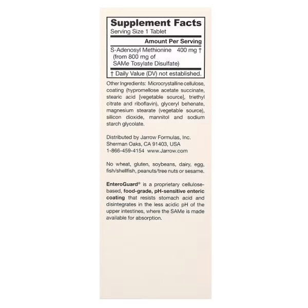 S-Аденозилметіонін 400, SAM-e, Jarrow Formulas, 400 мг, 60 таблеток, покритих кишковорозчинною оболонкою