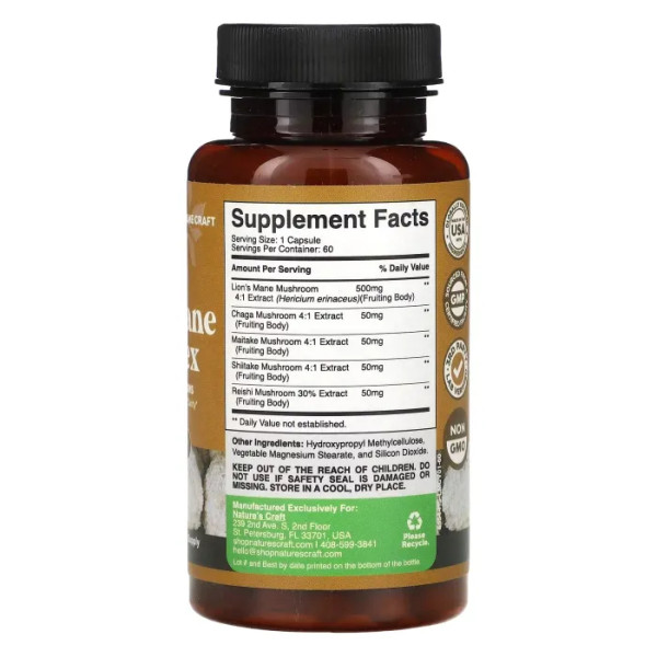Їжовик гребінчастий, Lion's Mane Complex, Nature's Craft, комплекс, 60 капсул