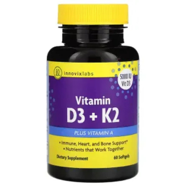 Вітаміни D3 та K2, Vitamin D3 + K2, InnovixLabs, 60 гелевих капсул