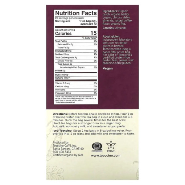 Трав'яний чай, Herbal Tea, Teeccino, без кофеїну, зі смаком ява, 25 чайних пакетиків, 150 г