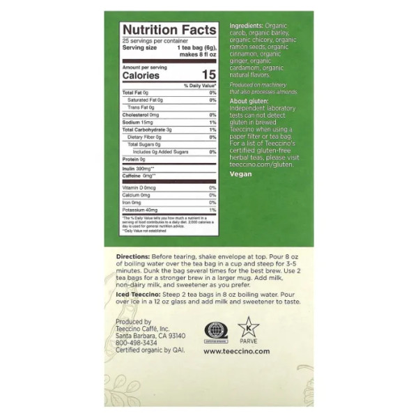 Трав'яний чай, Herbal Tea, Teeccino, без кофеїну, зі смаком мокко, 25 чайних пакетиків, 150 г