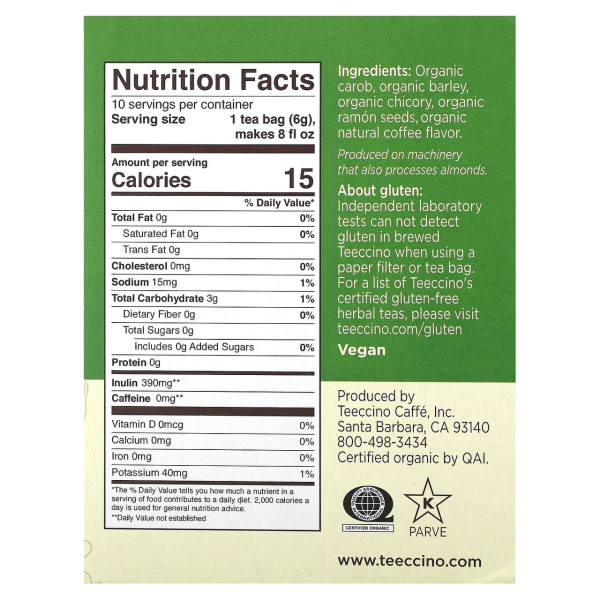 Трав'яний чай, Roasted Herbal Tea, Teeccino, органік, без кофеїну, французького обсмажування, 10 чайних пакетиків, 60 г