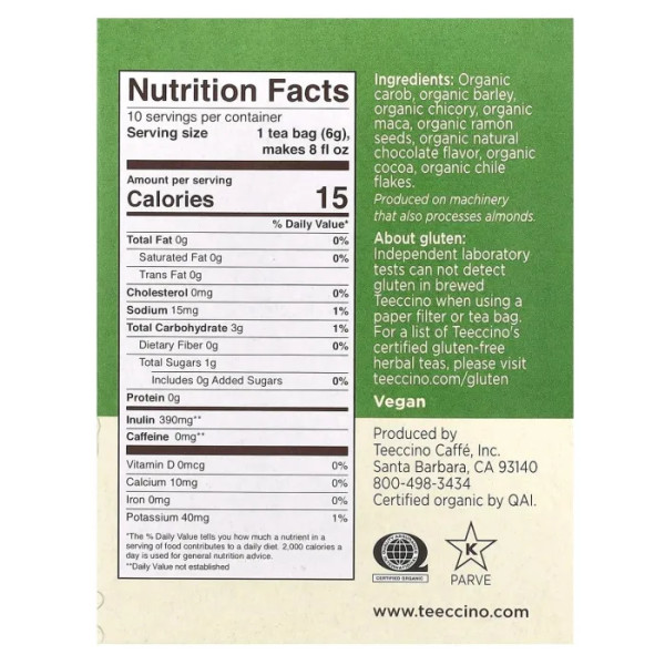 Трав'яний чай, Roasted Herbal Tea, Teeccino, органік, без кофеїну, зі смаком мака-шоколад, 10 чайних пакетиків, 60 г
